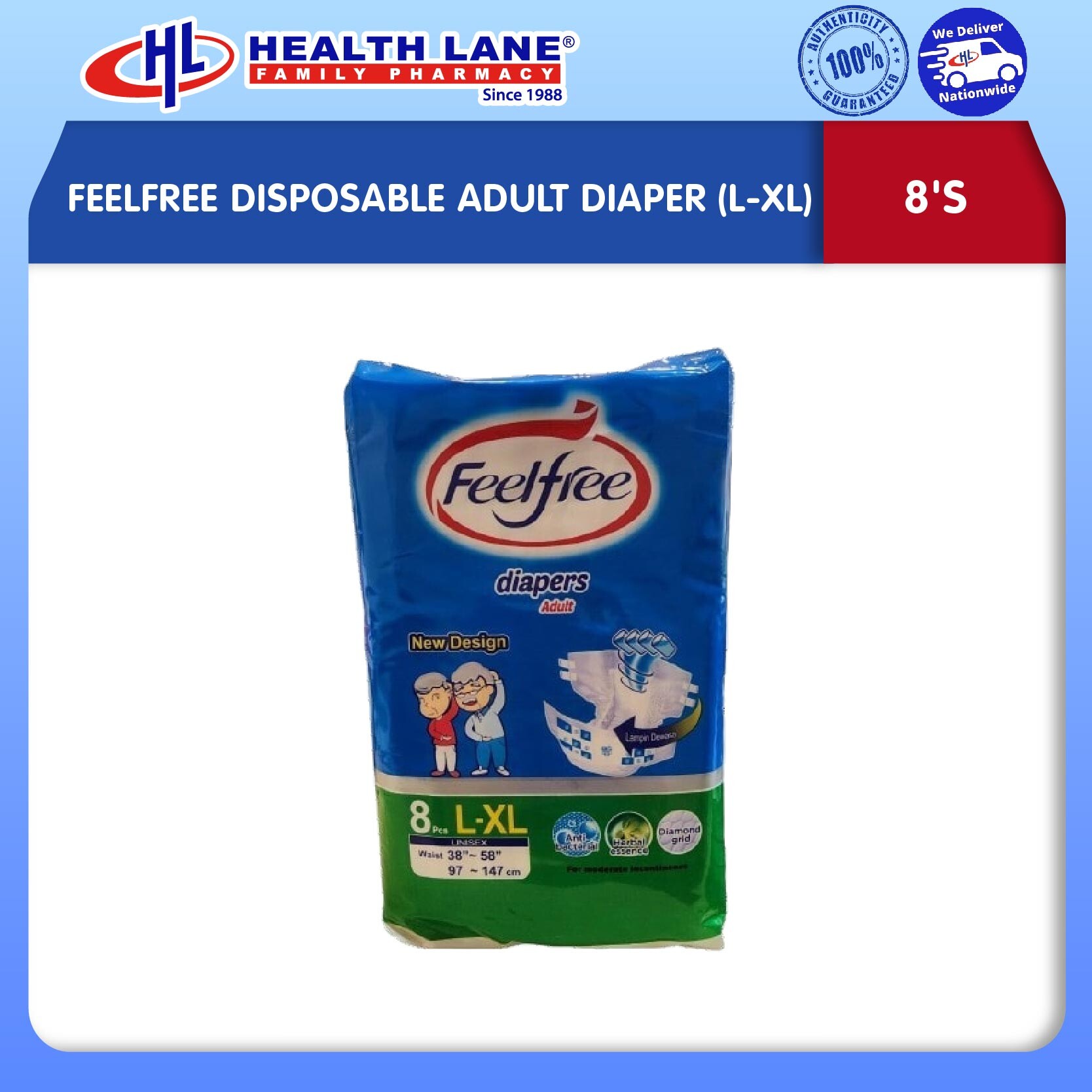FEELFREE DISPOSABLE ADULT DIAPER 8'S (L-XL) 
